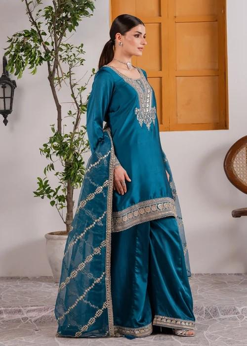 Embroidered Charmeuse Silk Palazzo Suit - 3 Piece - Teal