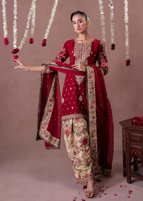 3 Piece Embroidered Charmeuse Silk Suit - Maroon and Gold - Antique Gold Tilla Work