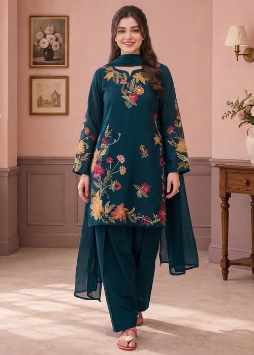 Embroidered Lawn Suit with Chiffon Dupatta - Bondi Blue