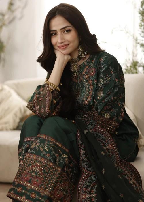 Embroidered Pure Raw Silk Suit - 3 Piece - Dark Green
