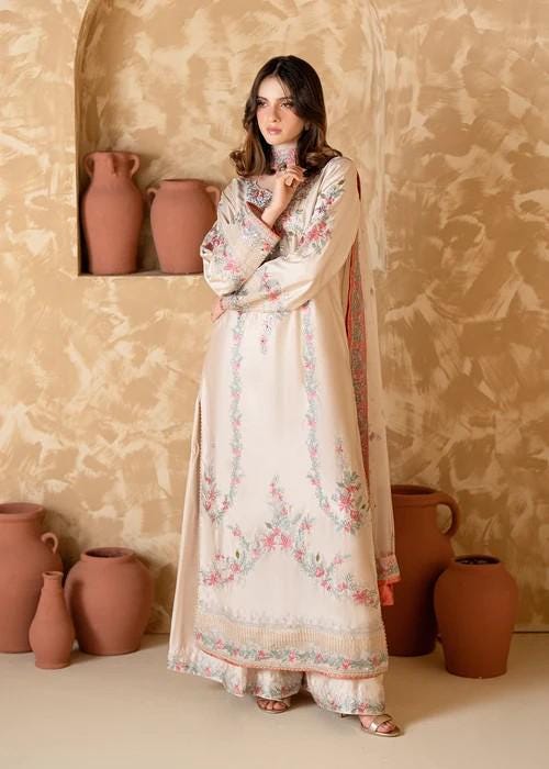 Embroidered Charmeuse Silk Palazzo 3 Piece Suit