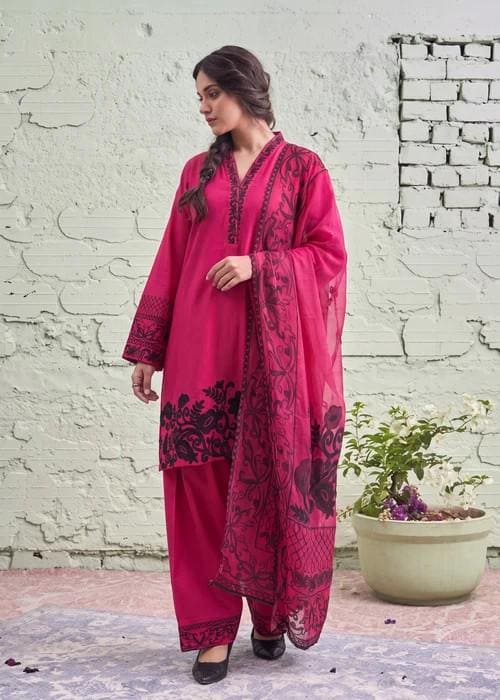 Embroidered Cotton Shalwar Suit – 3 Piece - Deep Carmine