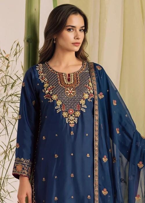 Embroidered Silk Palazzo Suit - 3 Piece - Cobalt Blue