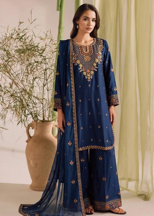 Embroidered Silk Palazzo Suit - 3 Piece - Cobalt Blue