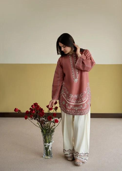Embroidered Lawn Kurta Farshi Shalwar Suit - 2 Piece - Pink, Off-White