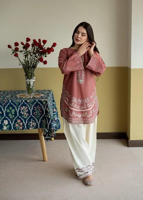 Embroidered Lawn Kurta Farshi Shalwar Suit - 2 Piece - Pink, Off-White