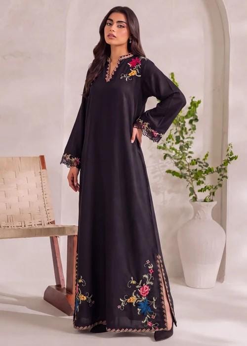 Embroidered Dhanak (Cotton) Kaftan Dress - 1 Piece