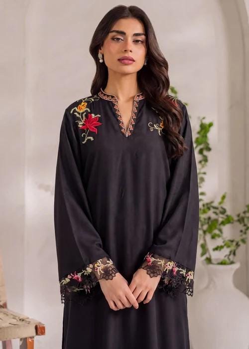 Embroidered Dhanak (Cotton) Kaftan Dress - 1 Piece