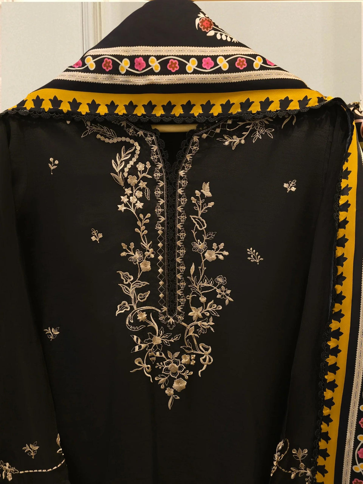 Agha Noor Pure Sheesha Silk Embroidered Suit - Black - 3 Piece