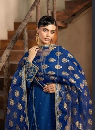 Embroidered Raw Silk Farshi Shalwar Suit with Organza Dupatta - 3 Piece - Blue
