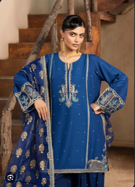 Embroidered Raw Silk Farshi Shalwar Suit with Organza Dupatta - 3 Piece - Blue