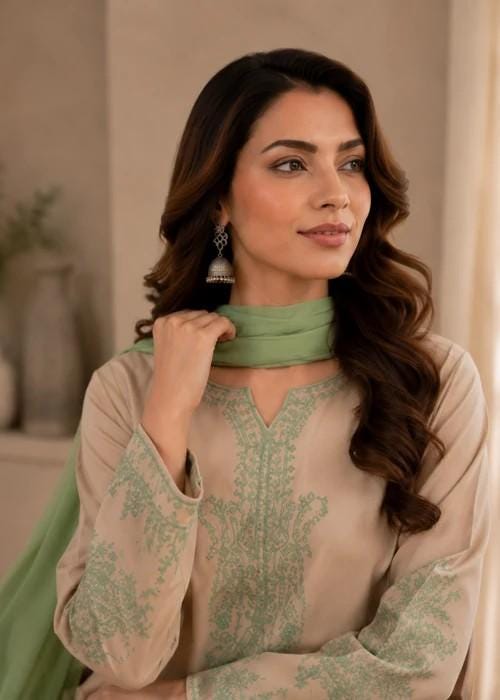 Embroidered Linen Kurta Set Suit - 3 Piece