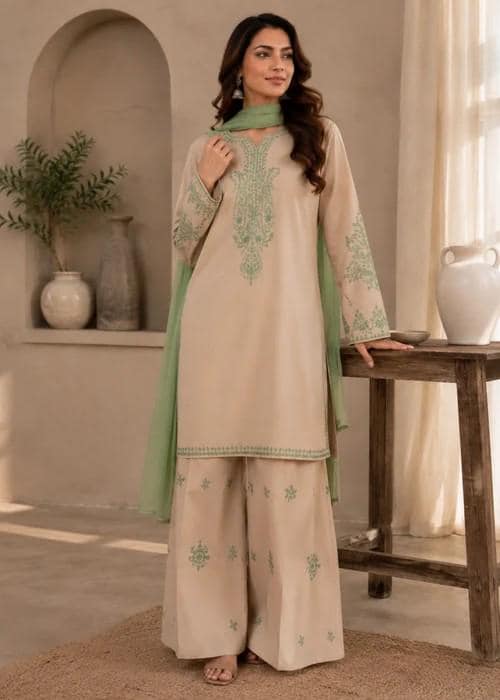 Embroidered Linen Kurta Set Suit - 3 Piece