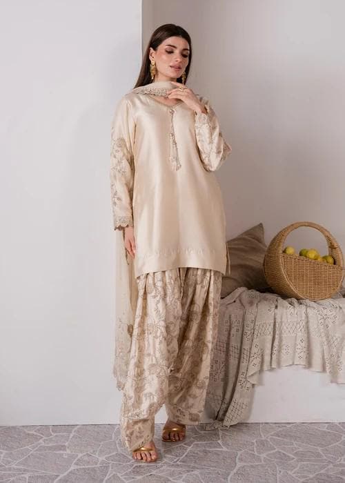 3 Piece Embroidered Charmeuse Silk Suit - Chiffon Dupatta - Beige