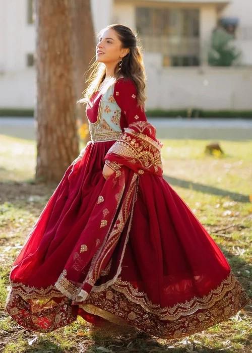 Maroon Chiffon Anarkali - Raw Silk Pants - 3 Piece Pakistani Designer Festive Wear