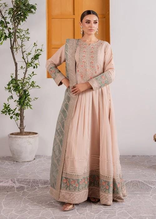 Peach Pink Chiffon Maxi Dress - 3 Piece Designer Wear