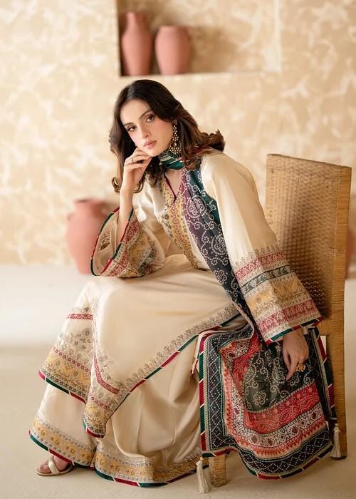 Embroidered Charmeuse Silk Sharara Suit - Cream