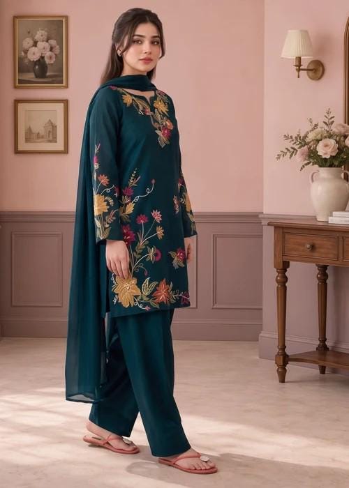 Embroidered Lawn Suit with Chiffon Dupatta - Bondi Blue