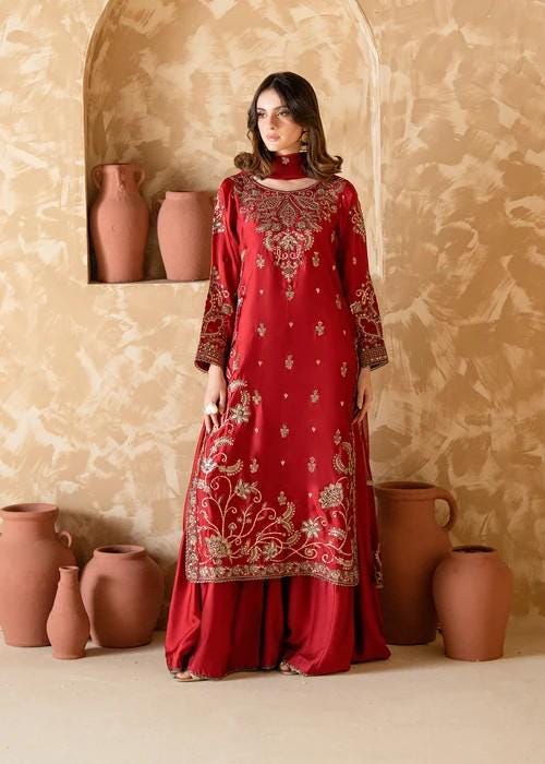 Embroidered Charmeuse / Shamooz Silk Kurta Sharara Suit with Antique Gold Zardozi Work