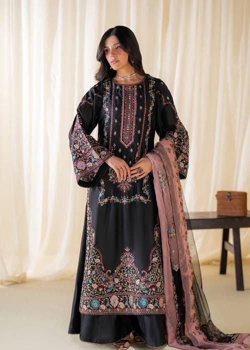 Embroidered Charmeuse / Shamooz Silk Kurta Palazzo Set - 3 Piece