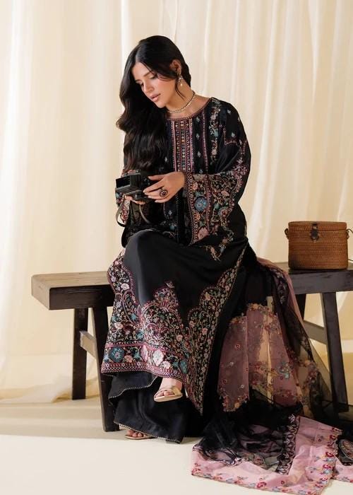 Embroidered Charmeuse / Shamooz Silk Kurta Palazzo Set - 3 Piece