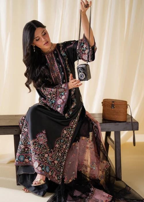 Embroidered Charmeuse / Shamooz Silk Kurta Palazzo Set - 3 Piece