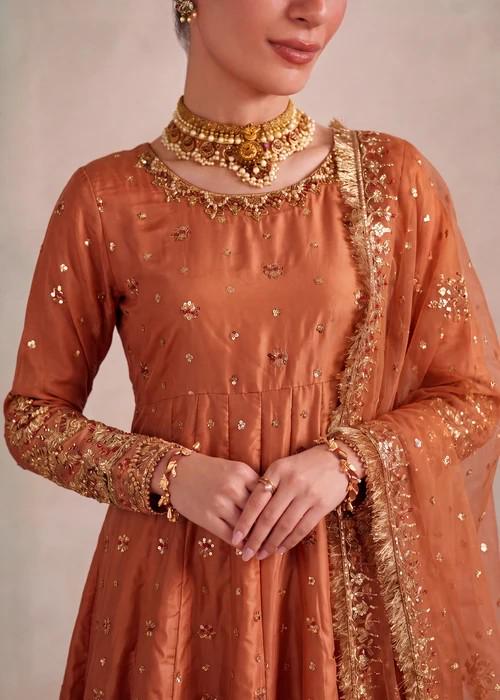 Embroidered Silk Pishwas Palazzo Suit - 4 Piece - Copper Orange