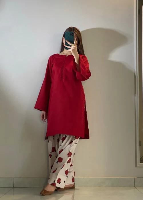 Printed Cotton Kurta Farshi Shalwar Suit - 2 Piece - Red