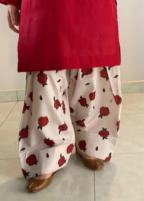 Printed Cotton Kurta Farshi Shalwar Suit - 2 Piece - Red