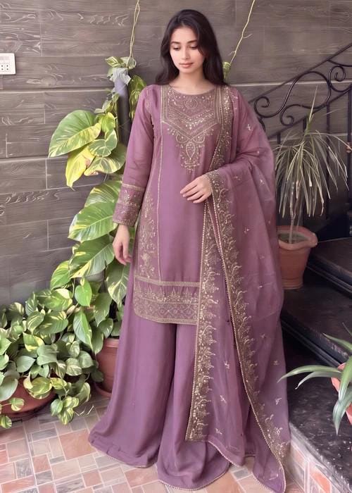 Embroidered Chiffon Sharara - Mauve - 3 Piece