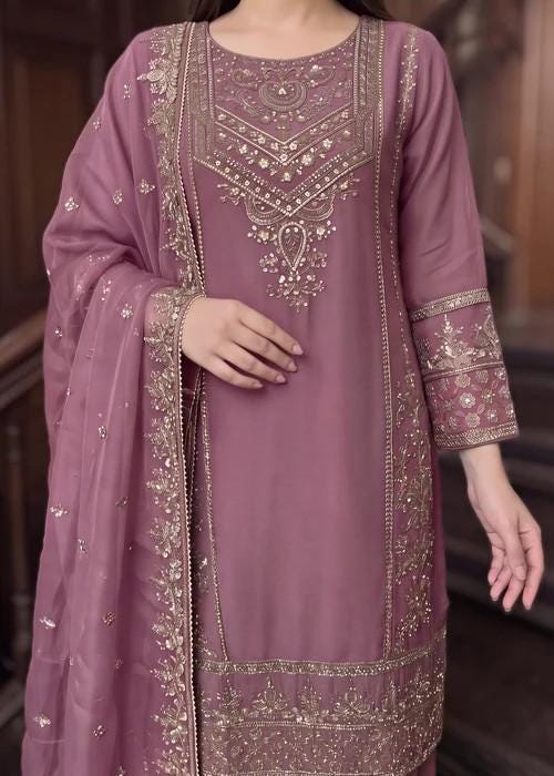 Embroidered Chiffon Sharara - Mauve - 3 Piece