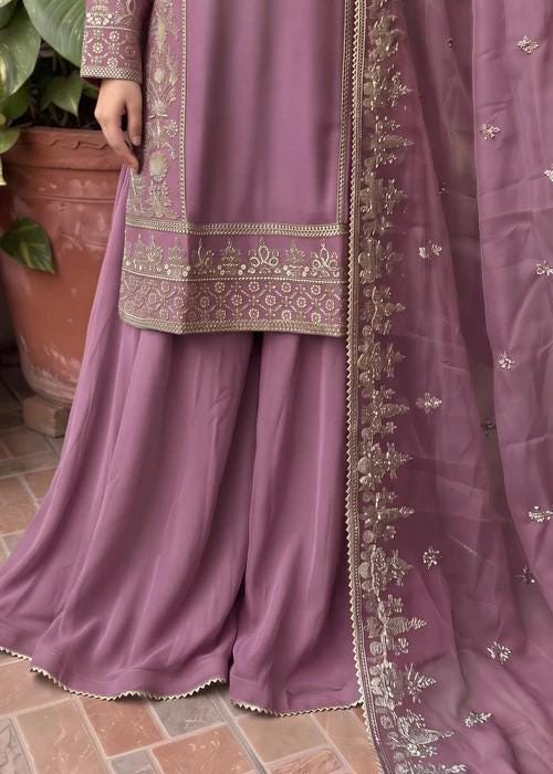 Embroidered Chiffon Sharara - Mauve - 3 Piece