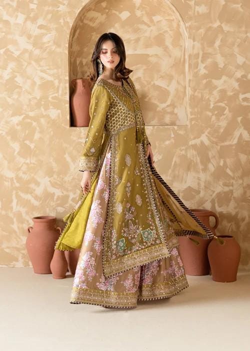Embroidered Chiffon /Charmeuse Kurta Sharara Suit - Gold Zari Work