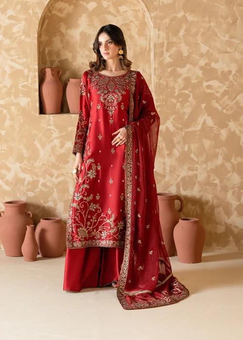 Embroidered Charmeuse / Shamooz Silk Kurta Sharara Suit with Antique Gold Zardozi Work