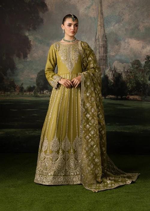Olive Green Chiffon Maxi Dress - 3 Piece Designer Wear