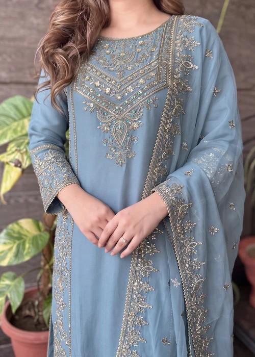 Embroidered Chiffon Sharara - Ice Blue - 3 Piece