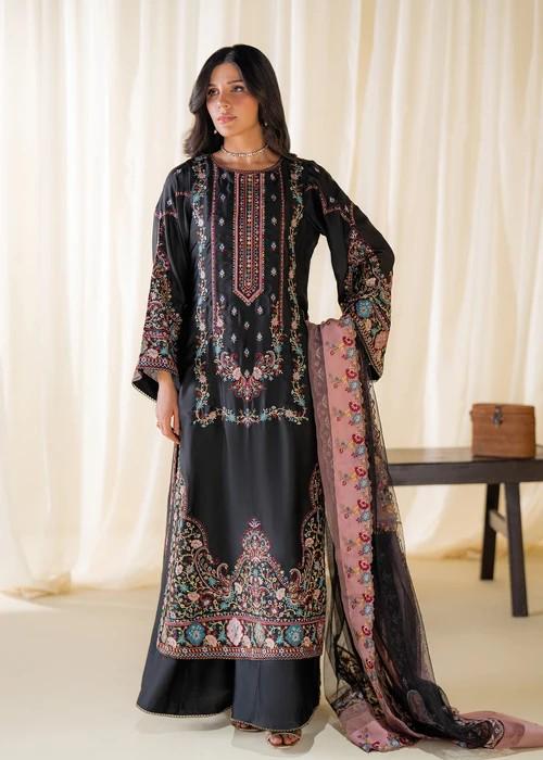 Embroidered Charmeuse / Shamooz Silk Kurta Palazzo Set - 3 Piece