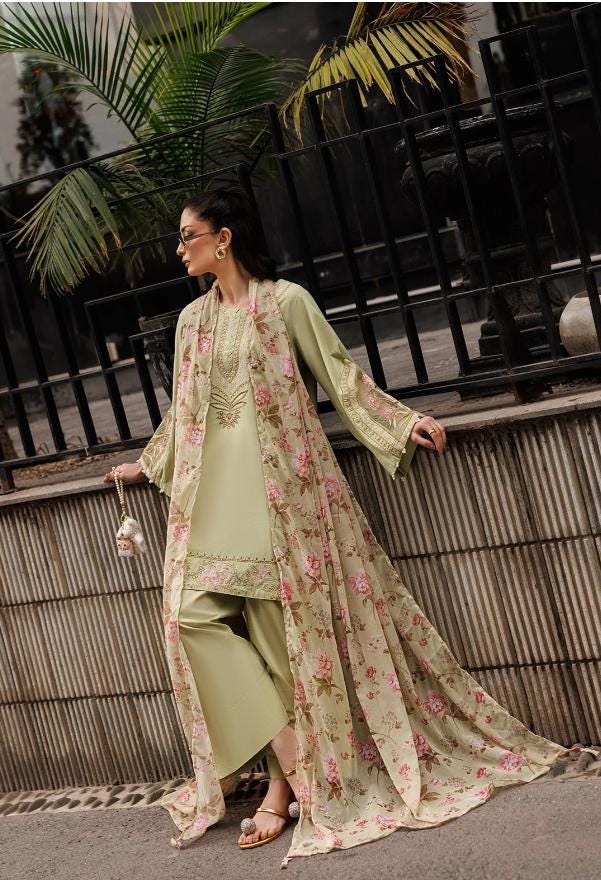 Embroidered Farshi Shalwar Lawn Suit - 3 Piece - Chiffon Dupatta