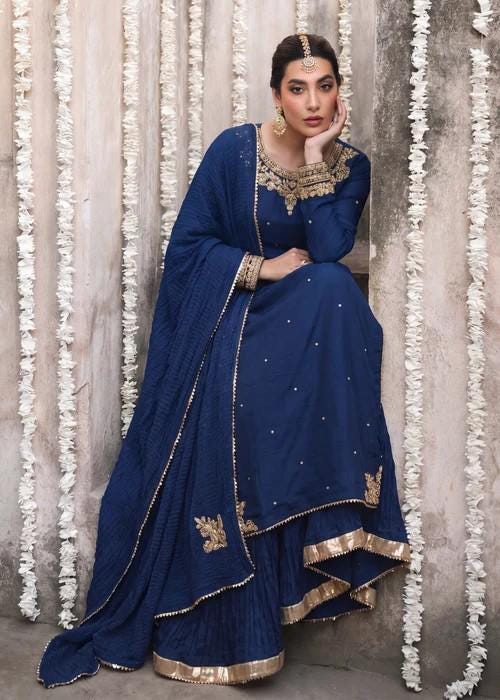Embroidered Chiffon Sharara with Long Kurta  - Cobalt Blue - 3 Piece - Adda Work