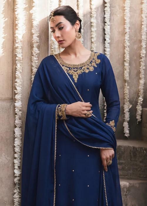 Embroidered Chiffon Sharara with Long Kurta  - Cobalt Blue - 3 Piece - Adda Work
