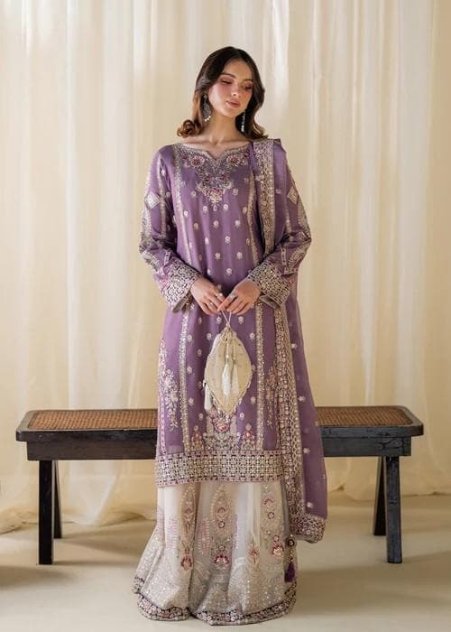 Embroidered Chiffon Sharara Suit - 3 Piece - Purple