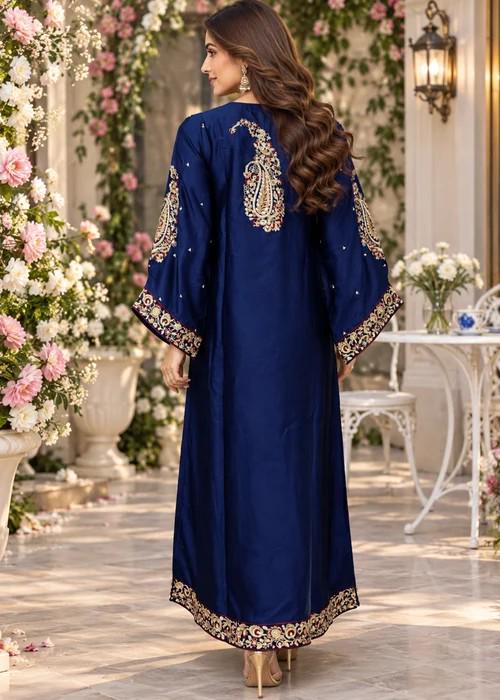 Embroidered Silk Charmeuse Kaftan with Trousers - Navy Blue