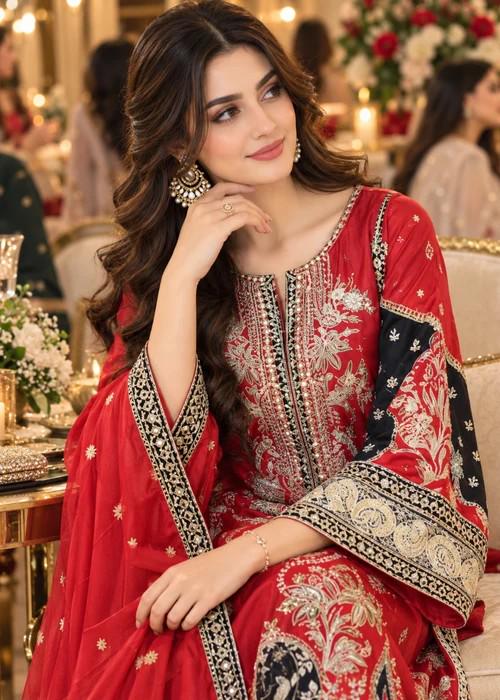 Embroidered Silk Charmeuse Kaftan Suit - 3 Piece