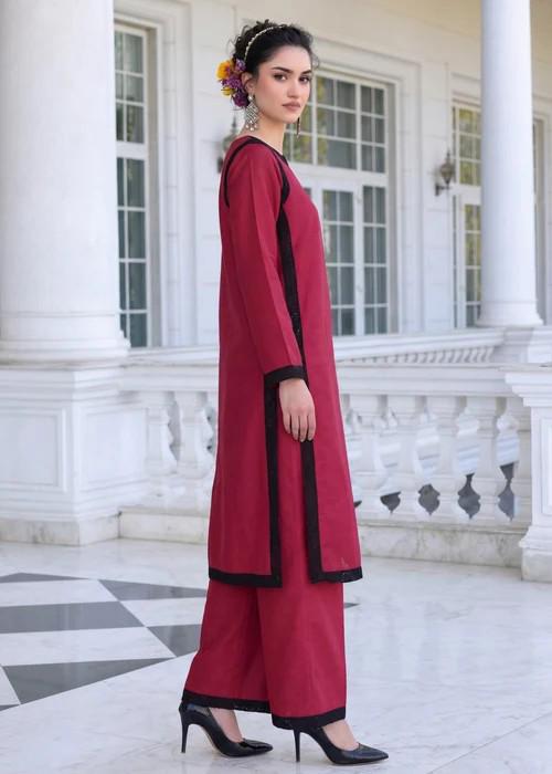 Embroidered Lawn Suit - Cardinal Red - 2 Piece