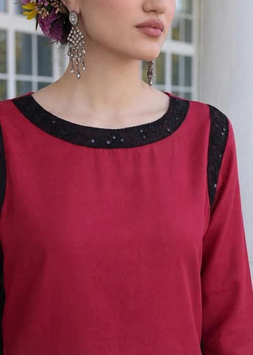 Embroidered Lawn Suit - Cardinal Red - 2 Piece