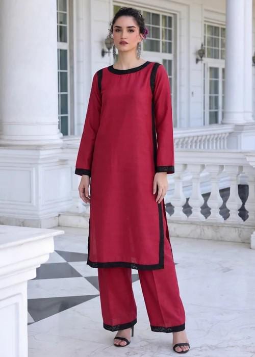Embroidered Lawn Suit - Cardinal Red - 2 Piece