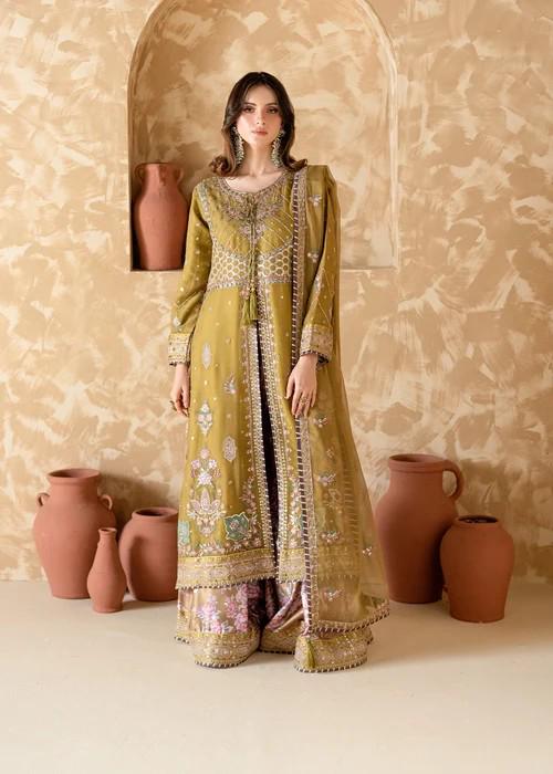 Embroidered Chiffon /Charmeuse Kurta Sharara Suit - Gold Zari Work