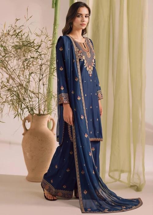 Embroidered Silk Palazzo Suit - 3 Piece - Cobalt Blue