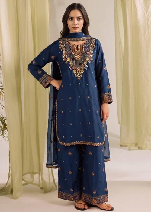 Embroidered Silk Palazzo Suit - 3 Piece - Cobalt Blue