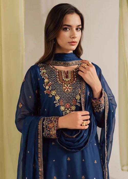 Embroidered Silk Palazzo Suit - 3 Piece - Cobalt Blue
